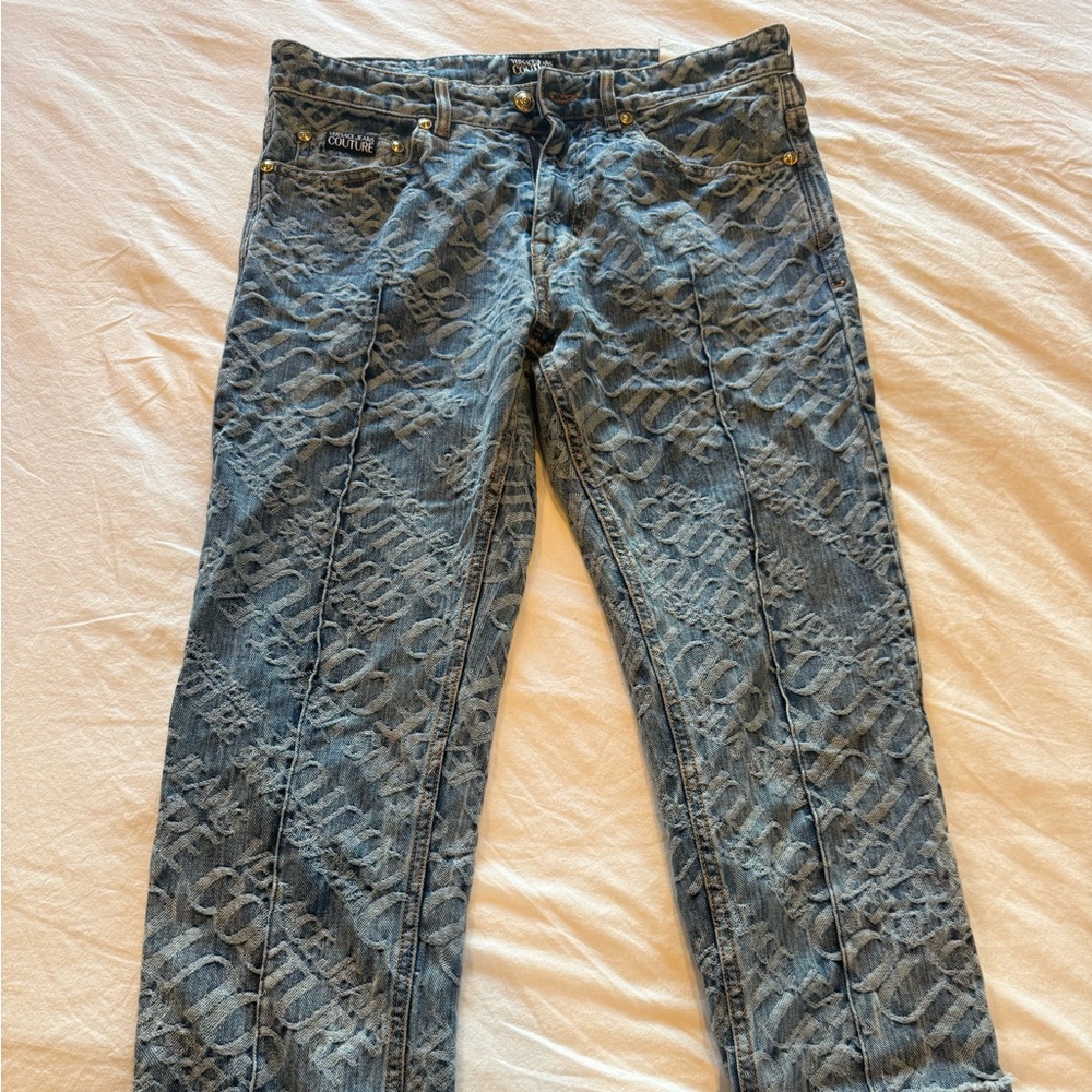 Versace Jeans Collection Blue Patterned Straight Leg Denim